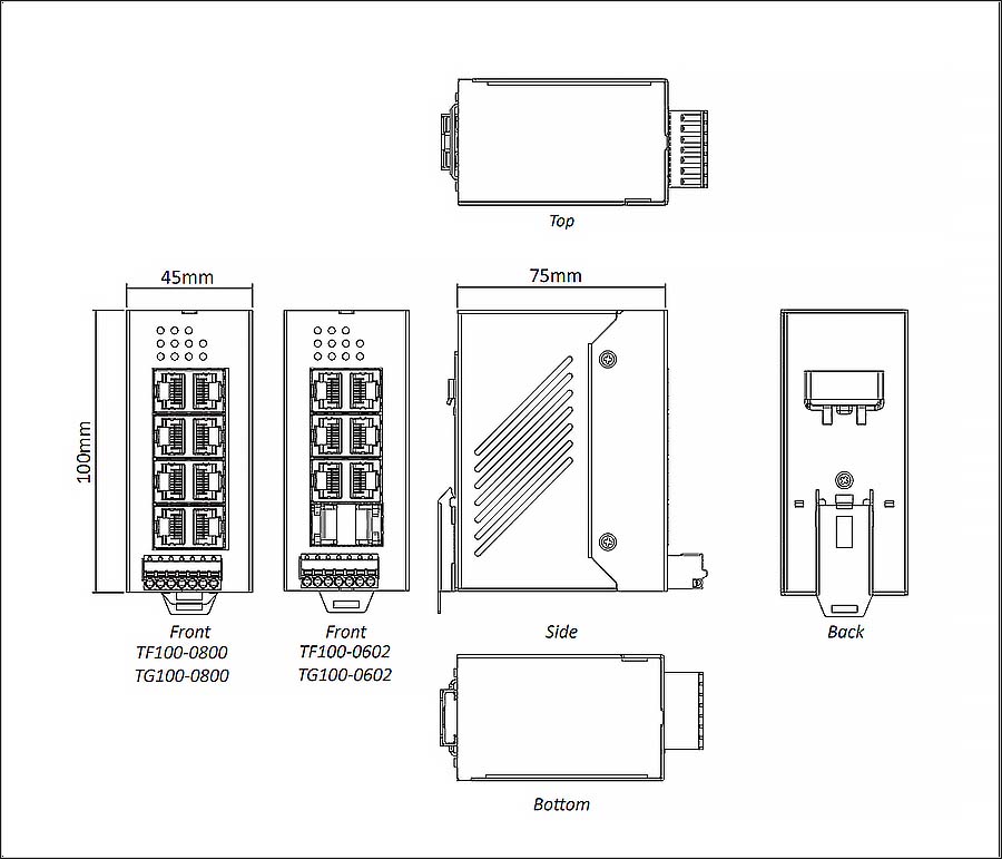 Hardened Lite Managed 5 to 16-Port Fast/Gigabit Ethernet Switch_dimensions