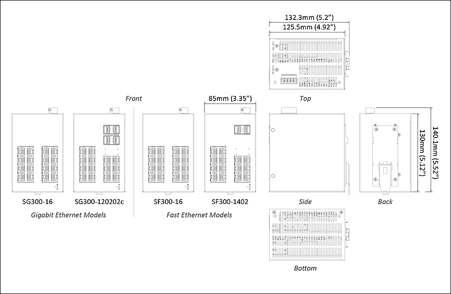 Hardened Lite Managed 5 to 16-Port Fast/Gigabit Ethernet Switch_dimensions