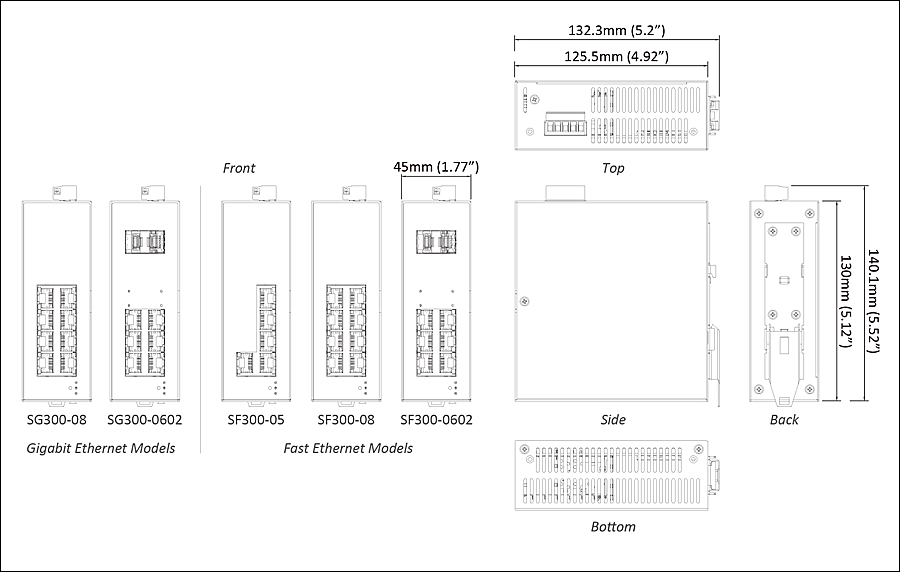 Hardened Lite Managed 5 to 16-Port Fast/Gigabit Ethernet Switch_dimensions